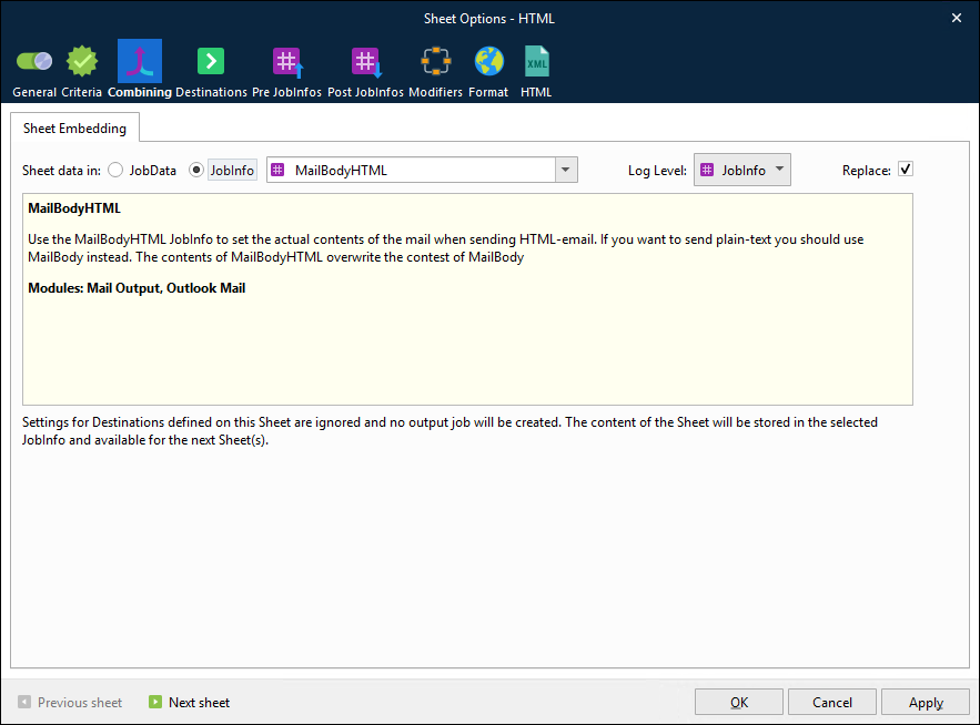The Combining tab of the HTML sheet's Sheet Options window.